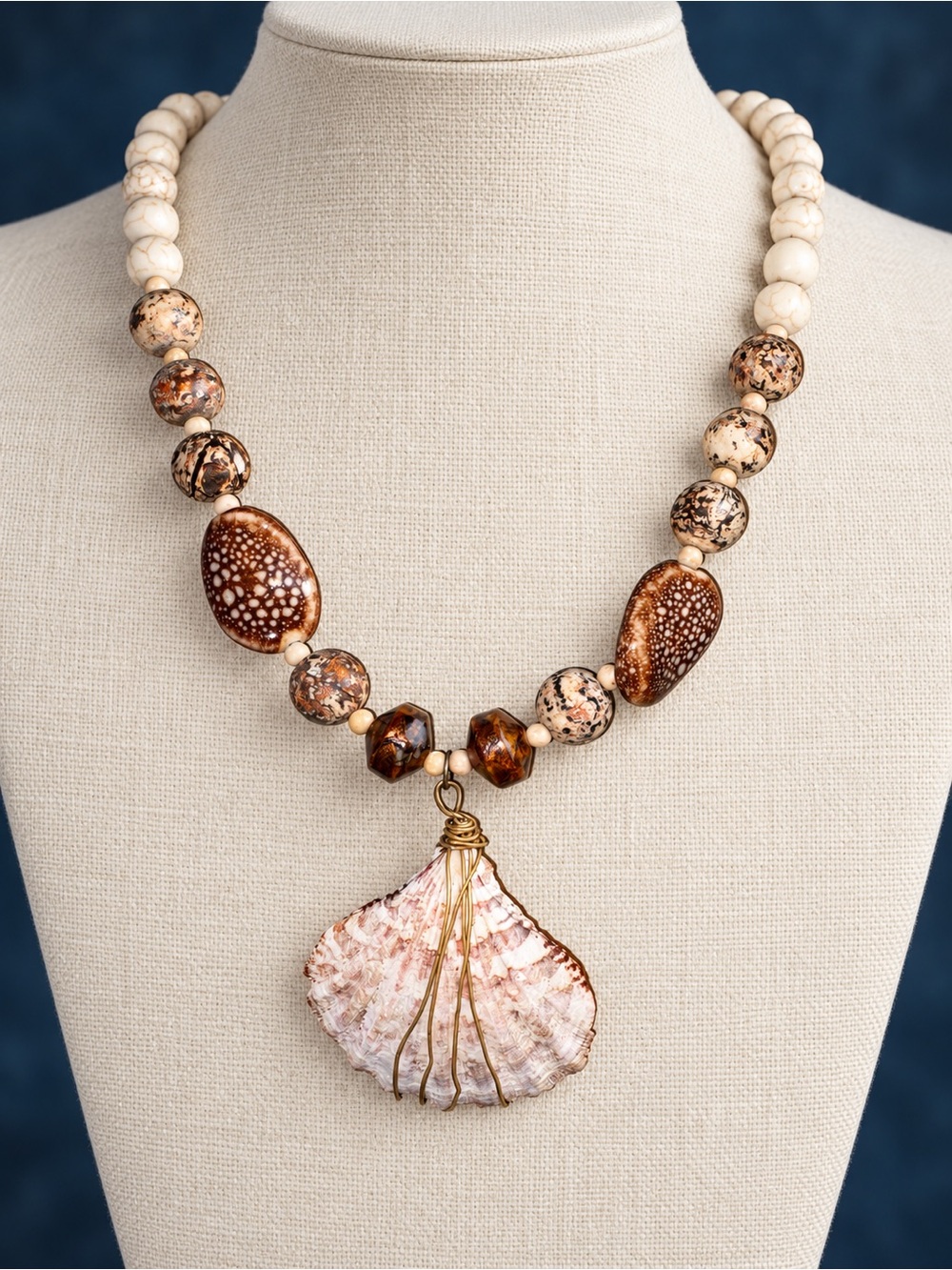 Handcrafted Brown & Cream Shell Pendant Necklace - Women Jewelry